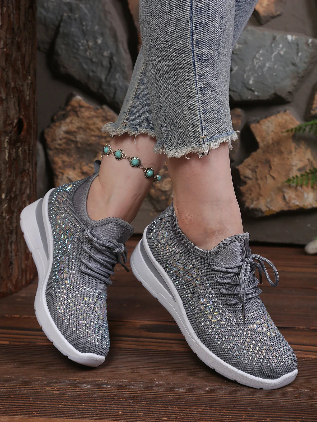 Women's Rhinestone Embellished Knit Mesh Wedge Sneakers, Adjustable Lace-Up Closure, Daily Walking Casual Footwear