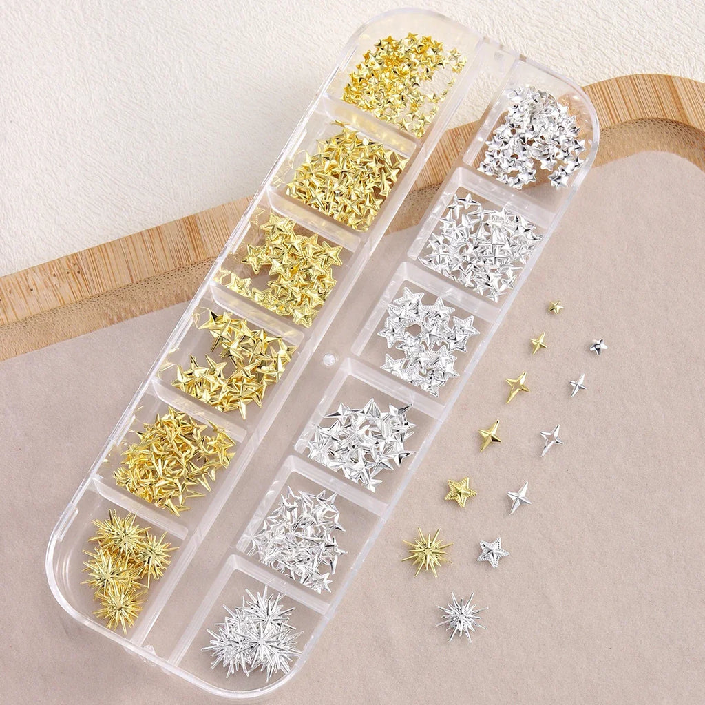 6/12Grids Gold Star Moon Metallic Rivet 3D Nail Charms Alloy Sun Moon Starlight Rhinestones Nail Studs For Nail Art Decoration