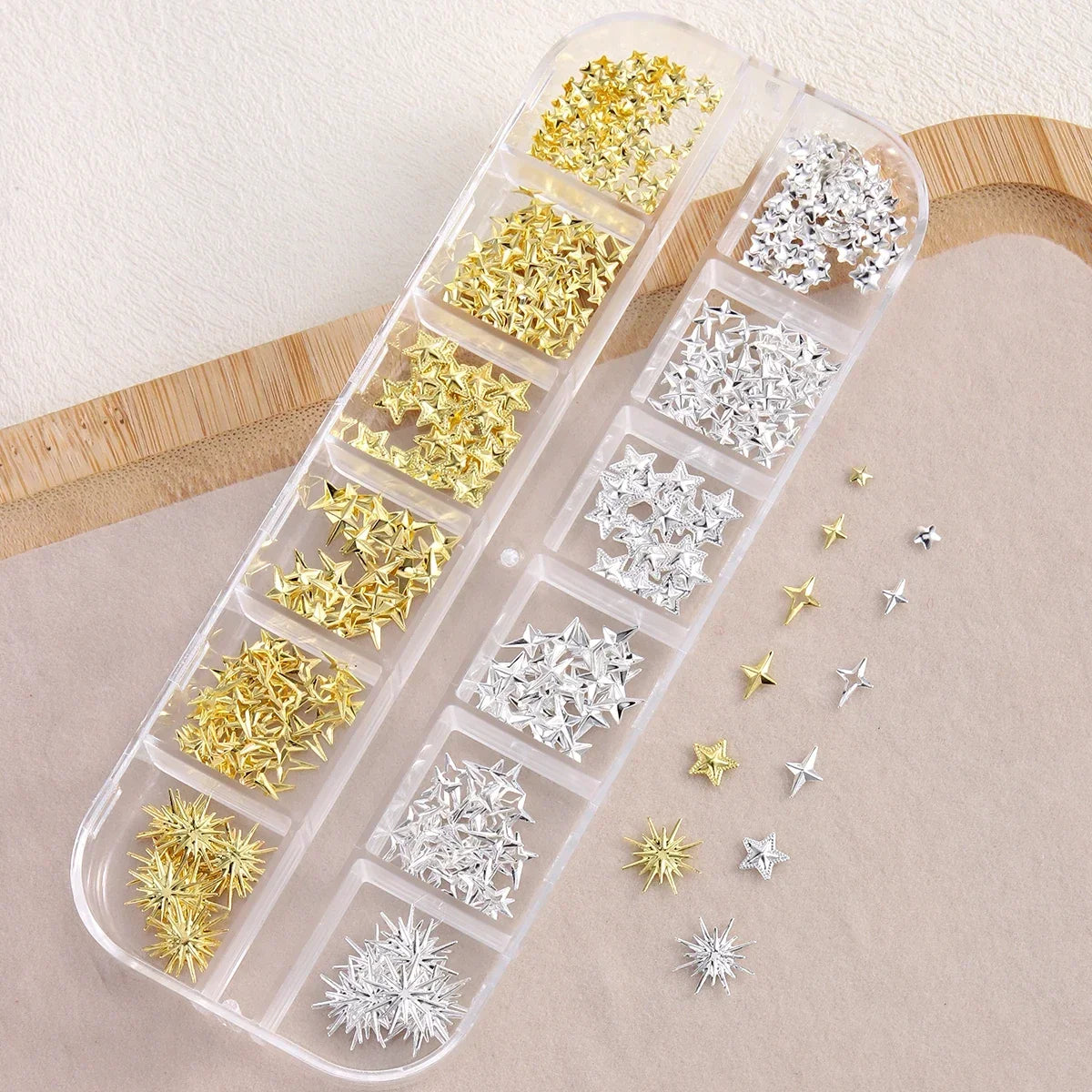6/12Grids Gold Star Moon Metallic Rivet 3D Nail Charms Alloy Sun Moon Starlight Rhinestones Nail Studs For Nail Art Decoration