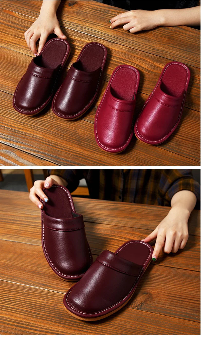 Luxury Men Leather Handmade Women Home Slippers Autumn Winter Plush Slip on Soft Black Brown Bedroom Indoor Flat Men Shoes