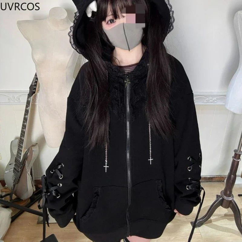 Japanese Kawaii Cat Ears Hooded Hoodies Women Y2k Aesthetic Grunge Casual Bandage Zipper Sweatshirt Fashion Trend Sportswear Top