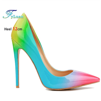 Brand Women High Heels 8-12CM Fashion Iridescent Pointed Toe Single Shoes Woman Thin Heel Summer Glossy Colorful Leather Pumps
