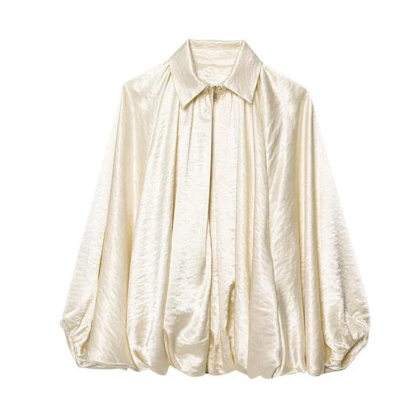 Women's Bomber Jacket Long Sleeve Pleats Street Wear With Zipper Green Beige Vintage Oversize Zip Up Casual Summer Jacket female