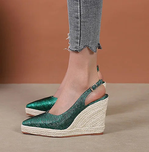 LIHUAMAO wedge ankle strap pointed toe shoes women slingback heels platform espadrilles shoes lady singback heel pumps