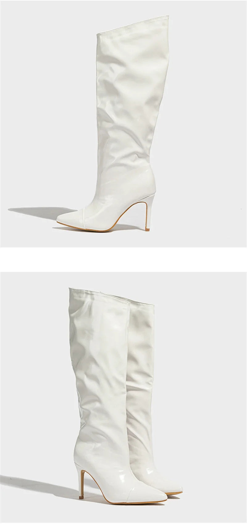 Liyke Fashion Runway Pleated Patent Leather Boots Female Pointed Toe Stiletto Heels Pumps Autumn Winter Knee High Shoes Women