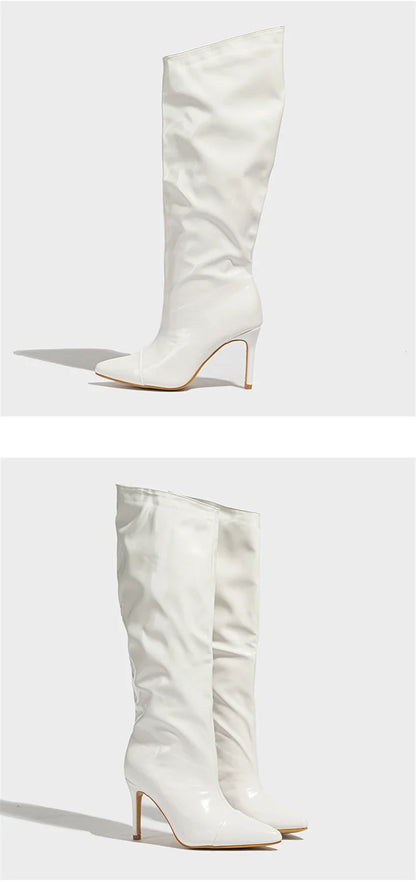 Liyke Fashion Runway Pleated Patent Leather Boots Female Pointed Toe Stiletto Heels Pumps Autumn Winter Knee High Shoes Women