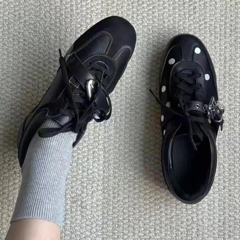 Korean Style Black Polka Dot Sneakers Women Spring 2026 Luxury Metal Decoration Designer Vulcanize Shoes Woman's Sports Shoes