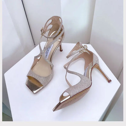 Luxury Sequined Women Gladiator Sandals Summer Designer Shoes for Women 2026 Square Head Hollow High Heels Fashion Ladies Shoes