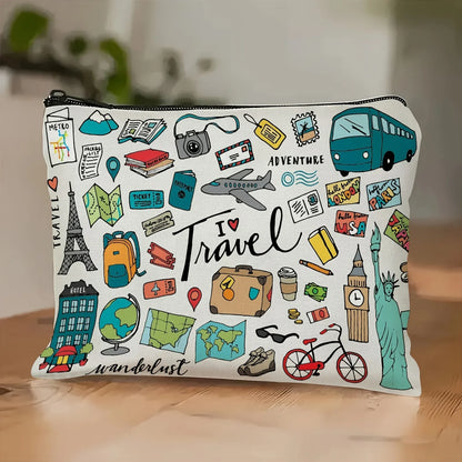 1 Travel-Themed Illustrated Makeup Bag - Multifunctional Zipper Pouch for Women, Jewelry Storage Bag, Perfect Travel Zipper Organizer, Fun Birthday Gift