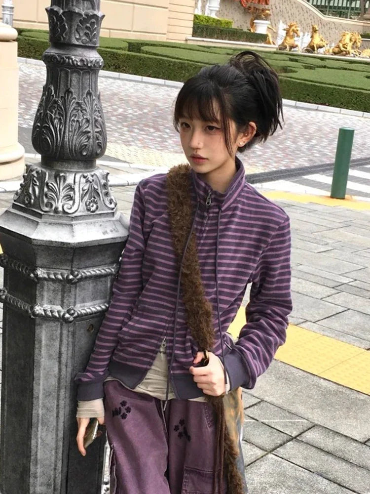 Tonngirls Y2k Japanese Sweatshirts Women Long Sleeve Striped Stand Collar Sweatshirt High Street Graphic Winter Coats E-girls
