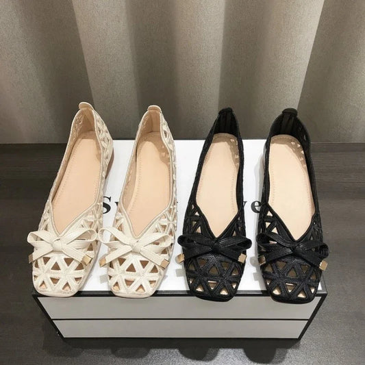 New French Style Bow Flat Sandals Women Geometric Cut-Out Peep-Toe Breathable Summer Beige Shoes for Dresses, Office and Casual