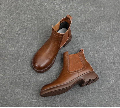 DRKANOL Fashion Women Thick Heel Ankle Boots Autumn Winter Warm Shoes Round Toe Real Cowhide British Style Slip On Chimney Boots
