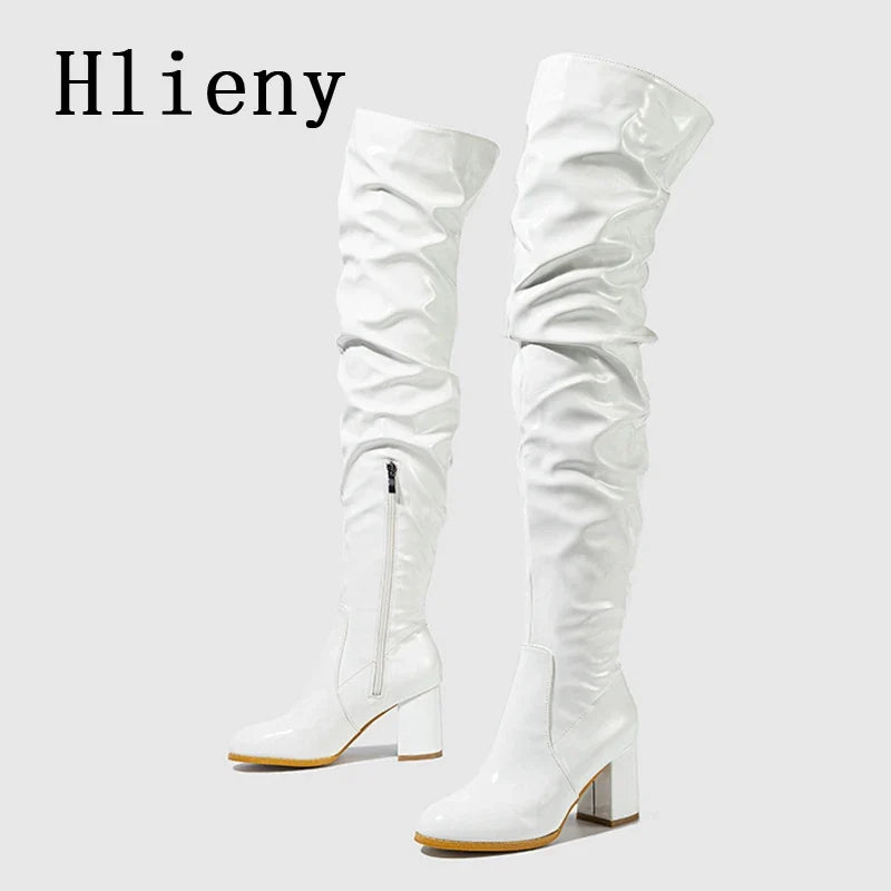 Hlieny 2026 Winter New Thigh High Boots Fashion Patent Leather Round Toe Zip Female Square Heels Pleated Design Women's Shoes