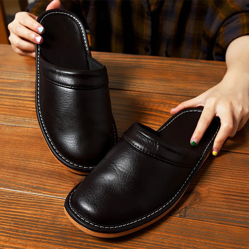 Luxury Men Leather Handmade Women Home Slippers Autumn Winter Plush Slip on Soft Black Brown Bedroom Indoor Flat Men Shoes