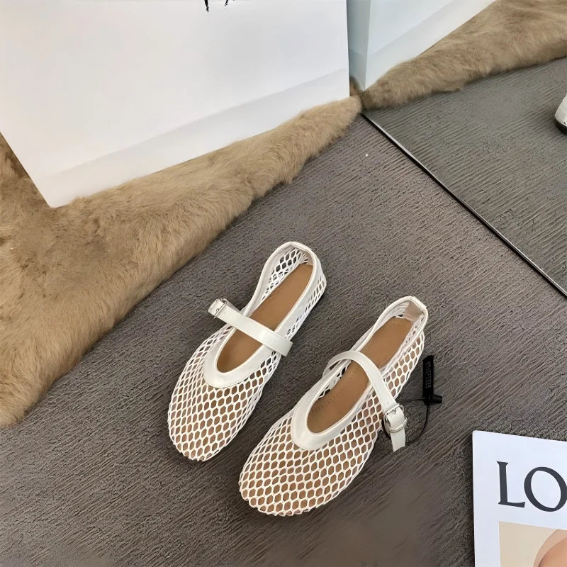 Women's Mary Jane Flats 2026 New Hollow Out Mesh Breathable Fishnet Ankle Strap Casual Summer Sandals