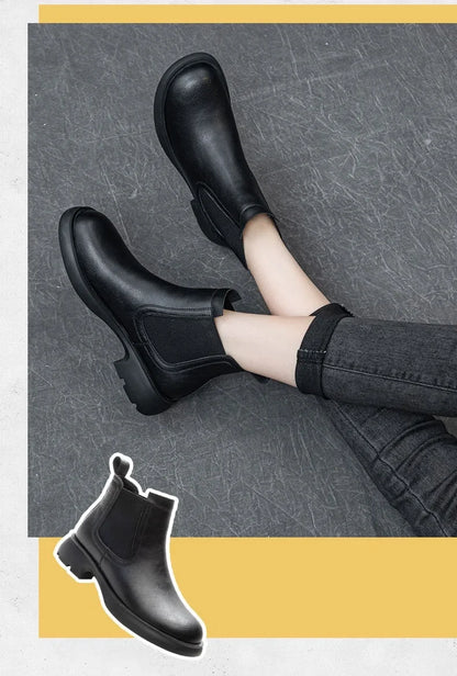 DRKANOL Fashion Women Thick Heel Ankle Boots Autumn Winter Warm Shoes Round Toe Real Cowhide British Style Slip On Chimney Boots