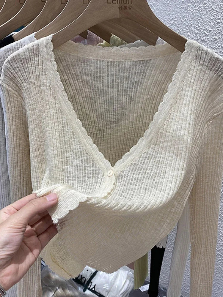 Summer Short Ice Silk Knitted Sun Protection Cardigan Women's Thin Suspender Skirt Layered Gauze Jacket Air-conditioned Cover Up