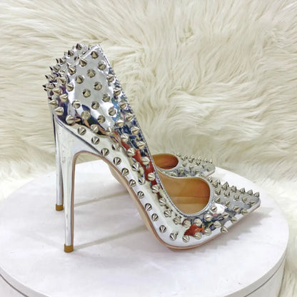 Women New Rivet High Heels 12CM Fashion Pointed Toe Party Single Shoes Europe And America Club Stage Pumps Silver Plus Size 43