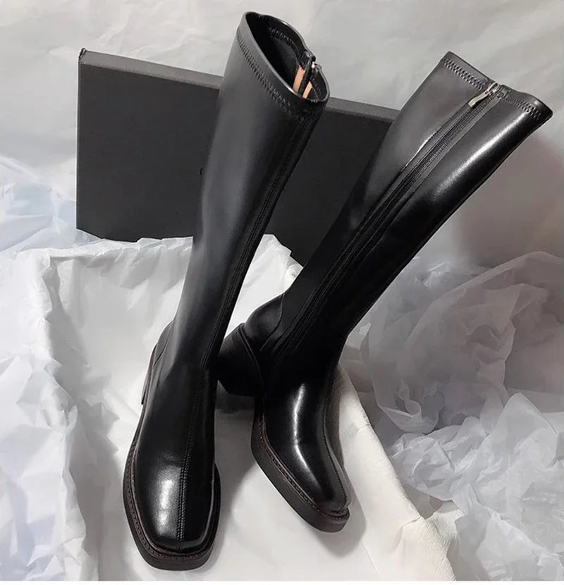 Vintage Thick Heel Women Knee High Boots Fashion Side Zippers Shoes Autumn Winter Ladies Concise Long Botas De Mujer