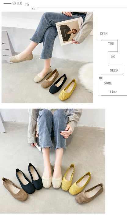 Women Leisure Flats Summer Autumn Flat Shoes Breathable Knitted Square Toe Slip-on Female Daily Walking Driving Loafers