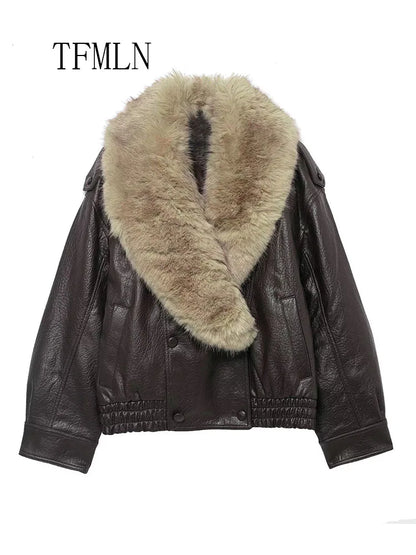 TFMLN 2025 Winter Women Loose Faux Leather Jacket Fashion Removed Big Fur Collar Causal Coat High Street Double Breasted Outwear