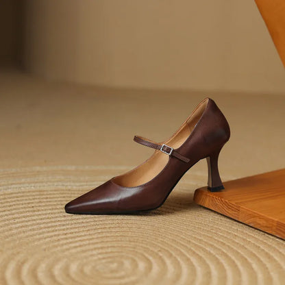 NEW Spring/Autumn Women Pumps Genuine Leather Shoes for Women Pointed Toe Thin Heel Shoes Shallow Buckle Strap Mary Janes Shoes