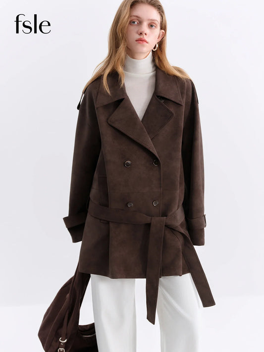 FSLE Retro Double-breasted Lapel Loose Leather Jacket for Women 2025 Winter New Casual Coffee-colored Jacket Loose Fit