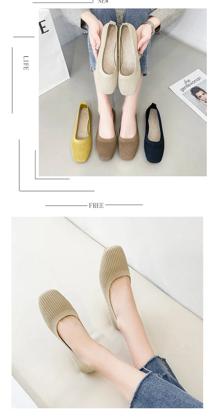 Women Leisure Flats Summer Autumn Flat Shoes Breathable Knitted Square Toe Slip-on Female Daily Walking Driving Loafers