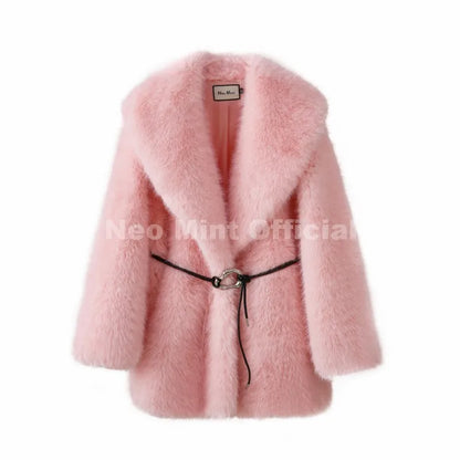 Neo Mint 2025 Winter Hot Brown Belted Faux Fur Coat Women Thick Warm Long Fox Fur Jacket Chic Brand Fashion Girls Furry Overcoat