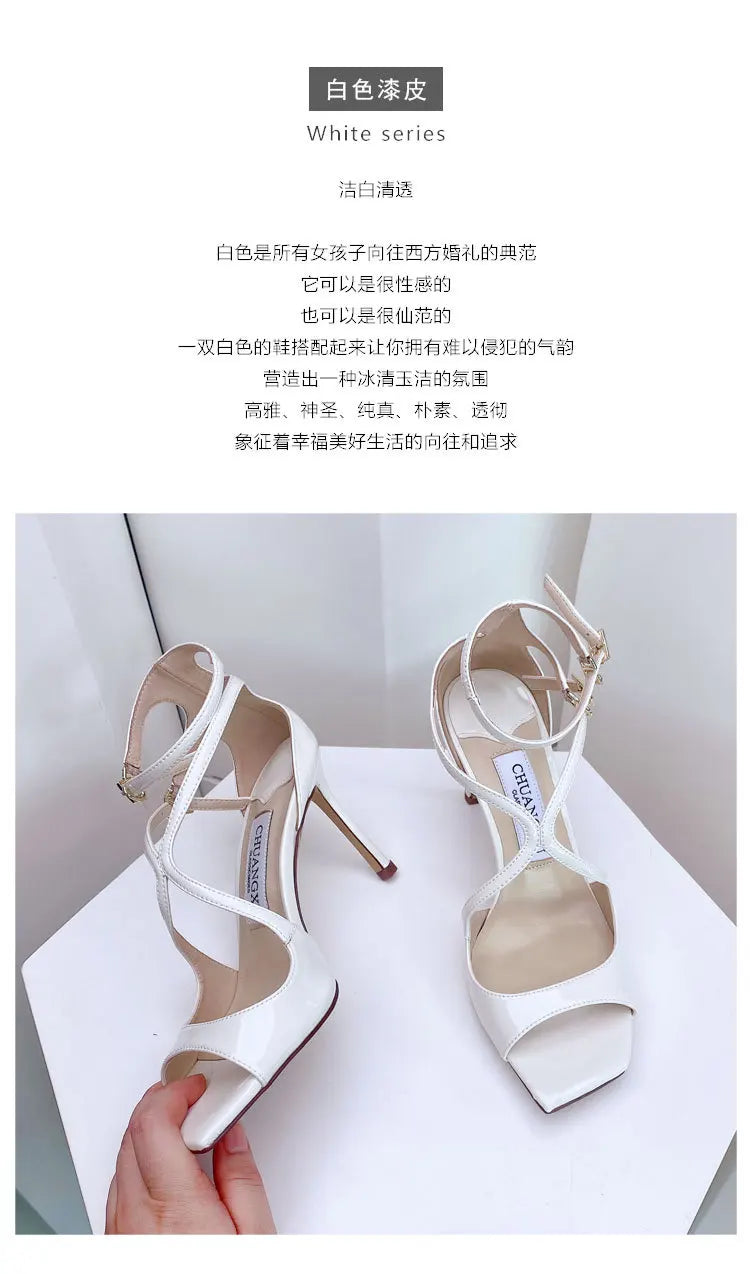 Luxury Sequined Women Gladiator Sandals Summer Designer Shoes for Women 2026 Square Head Hollow High Heels Fashion Ladies Shoes