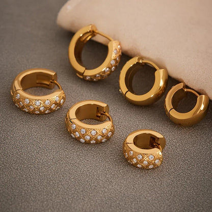 Liora Stainless Steel Zircon Women Hoop Earrings Metal Texture PVD Gold Plated Hypoallergenic Wedding Banquet Earrings Jewelry