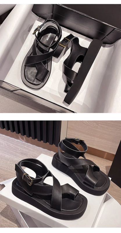 AIYUQI Sandals Women Genuine Leather 2026 Summer New Clip Toe Sandals Ladies Roman Women Shoes Muffin Sandals WHS MTO
