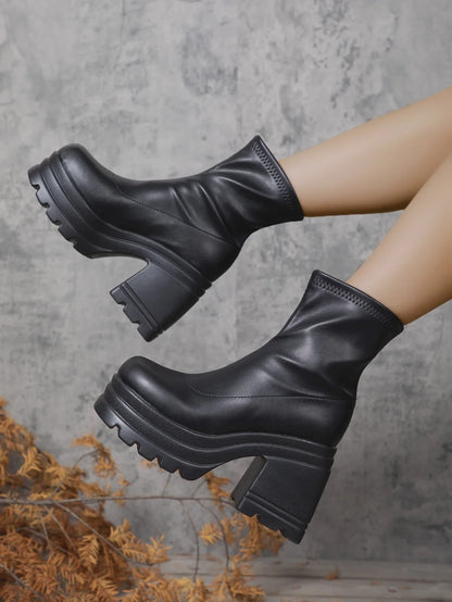 Women New Fashion Short Boots Women Sexy Leather Boot Square toe casual Zipper high heels Casual thick soled women shoes Zapatos