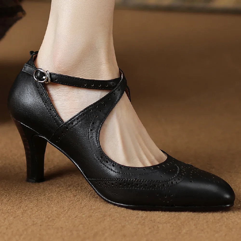 Women's genuine leather thin high heel cross strap carving british style pumps elegant ladies retro daily slim dress pumps shoes