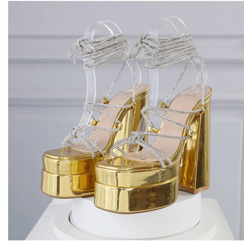 MM2025 New Arrival Rhinestone Embellished Knot T-Strap Heels Roman Peep-toe Summer Sandals Shiny Perfomance Anniversary Footwear