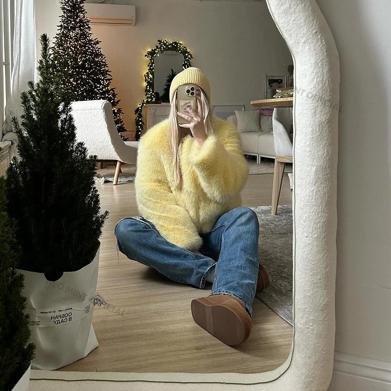 Neo Mint Cool Street Girls Winter Fashion Fluffy Fox Fur Jacket Women Casual Round Neck Faux Fur Coat Chic Thick Warm Outerwear