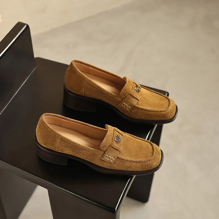 New Spring/Autumn Cow Suede Women Shoes Fashion Retro Square Toe Shoes for Women Mid Heels Women Pumps Handmade Green Loafers