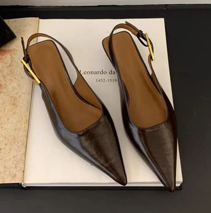 2025 Summer New Women Sandal Fashion Pointed Toe Shallow Slip on Ladies Elegant Slingback Shoes Thin Med Heel Dress Mules Pumps