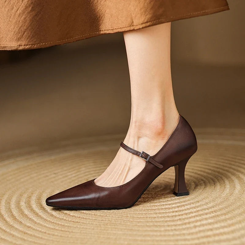 NEW Spring/Autumn Women Pumps Genuine Leather Shoes for Women Pointed Toe Thin Heel Shoes Shallow Buckle Strap Mary Janes Shoes