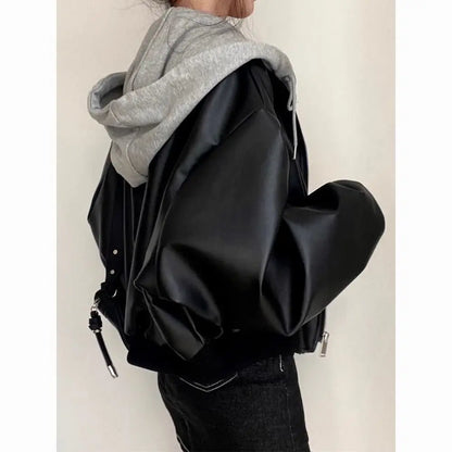 Korean High-end Black PU Leather Jacket Women Fashion Hooded Loose Spring Autumn Zipper Fake Two-Piece Versatile Outerwear