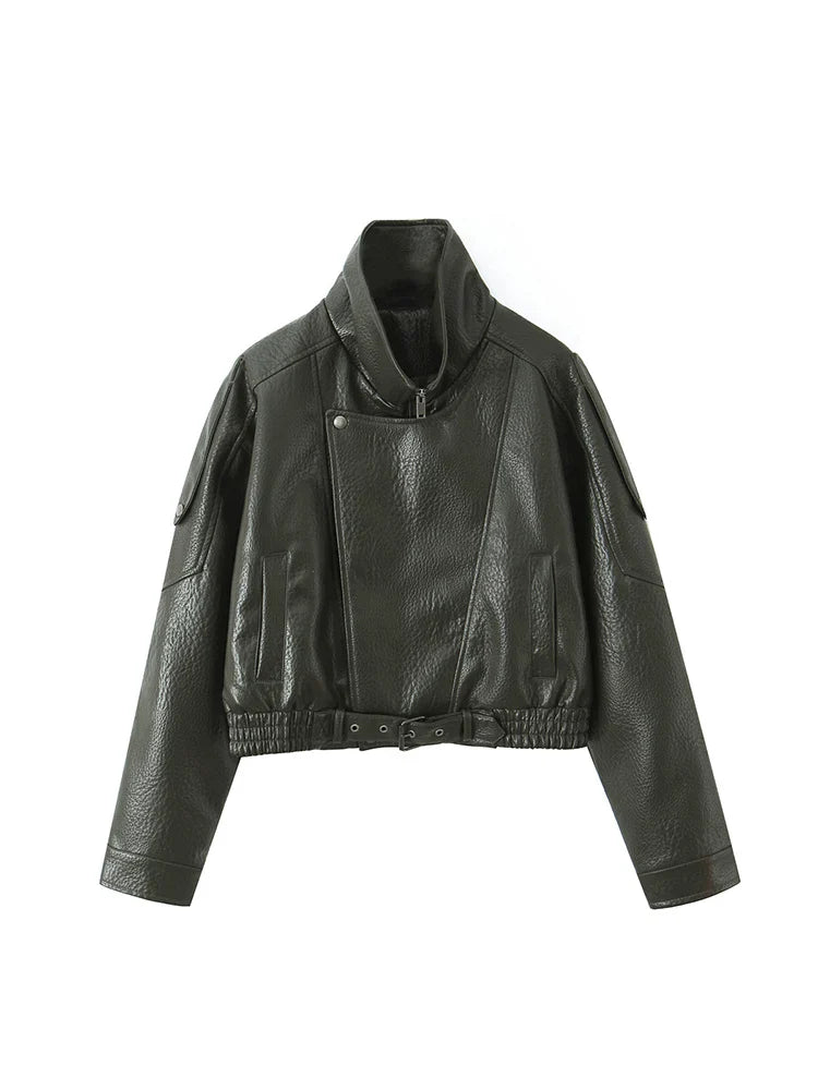 Ailegogo New Women Vintage Loose Black Short Faux Leather Jacket Streetwear Female Zipper Belt Coat Outwear