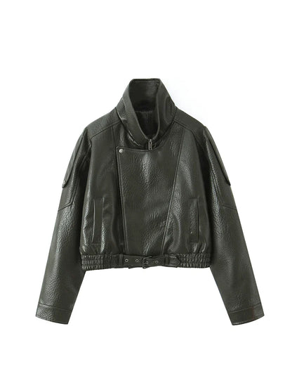 Ailegogo New Women Vintage Loose Black Short Faux Leather Jacket Streetwear Female Zipper Belt Coat Outwear