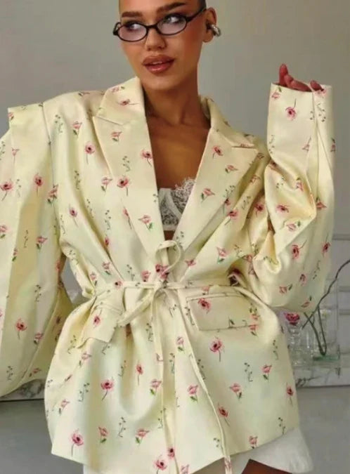 Chic Oversize Floral Printed Women Jacket Padded Lapel Lace Up Loose Coat Long Sleeve High Waist Outwears 2025 Lady Streetwear
