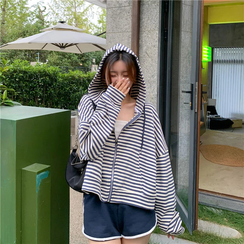 2000S American Vintage Striped Loose Long Sleeve Hooded Sweatshirt Y2k Subculture Casual Zip Up Hooded Cardigan Harajuku Coats