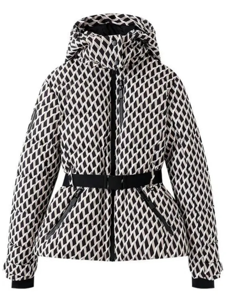 Women's Winter Hooded High Waist Padded Sport Parkas Coats with Belt Female Elegant Thick Warm Pockets Windproof Skiing Jackets