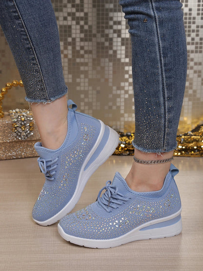 Women's Rhinestone Embellished Knit Mesh Wedge Sneakers, Adjustable Lace-Up Closure, Daily Walking Casual Footwear