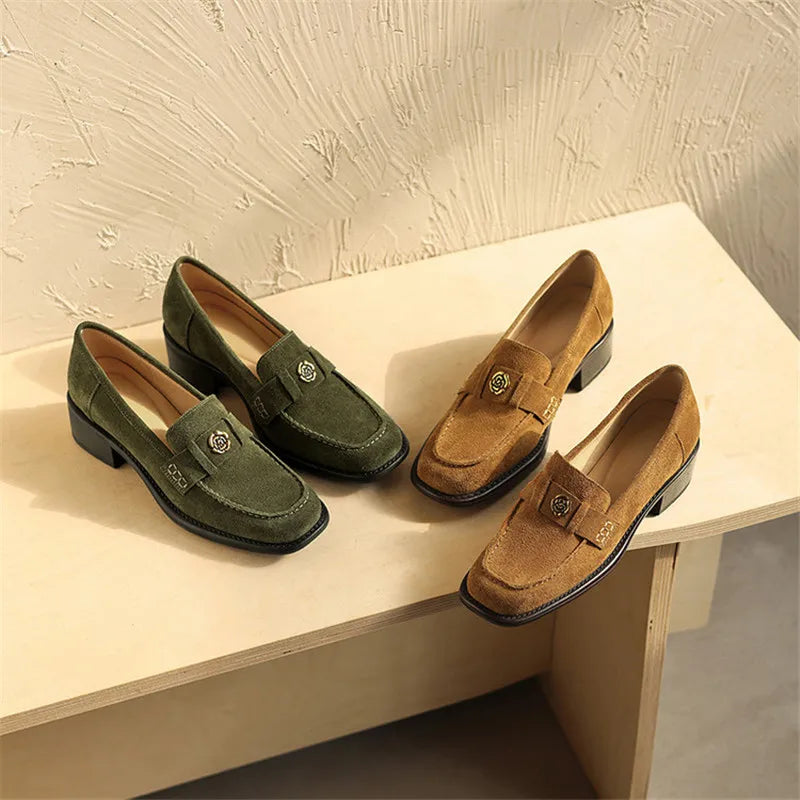New Spring/Autumn Cow Suede Women Shoes Fashion Retro Square Toe Shoes for Women Mid Heels Women Pumps Handmade Green Loafers