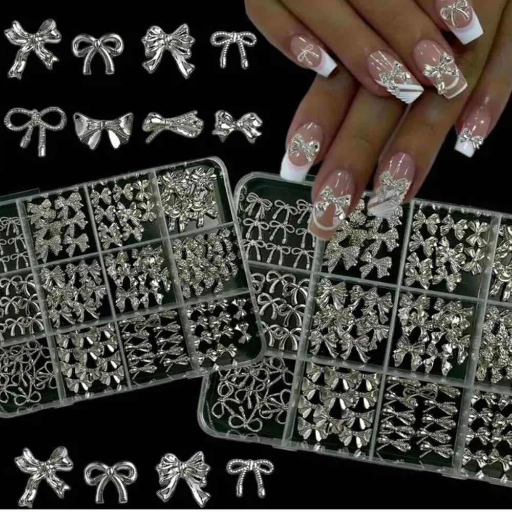 120Pcs/Box 3D Silver Exquisite Bowknot Nail Charms Simple Alloy Ribbon Bowtie Nail Art Decorations DIY Luxury Manicure Accessory