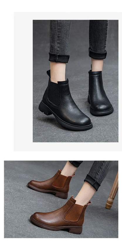 DRKANOL Fashion Women Thick Heel Ankle Boots Autumn Winter Warm Shoes Round Toe Real Cowhide British Style Slip On Chimney Boots