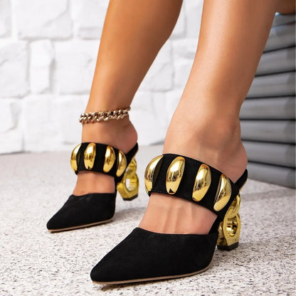 35-43 Half Shoes Women Sandals Black spike Heels for Ladies Luxury Heels Woman Mules Golden Heels Tacones Sandalias De Mujer